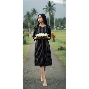 BEL KAZAN Bamboo themed Midi Dress 3/4 Sleeve Made in Bali designer minimalist S